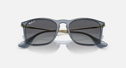Ray-Ban square-style sunglasses with blue-gray frame, dark lenses, and gold accents