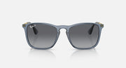 Ray-Ban sunglasses with blue-gray frame and dark gradient lenses, square rounded shape