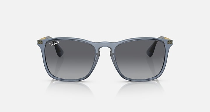 Ray-Ban sunglasses with blue-gray frame and dark gradient lenses, square rounded shape