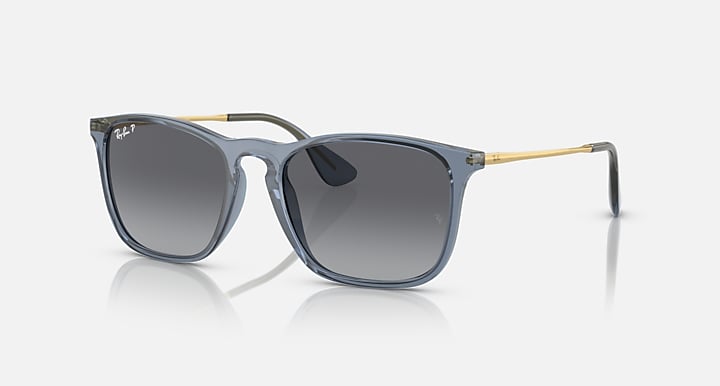 Ray-Ban sunglasses, side profile: blue-gray frame with dark lenses and gold metal temple