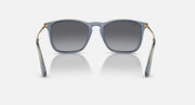Square sunglasses with smoky gray lenses, light blue frame, and gold-tone temple tips
