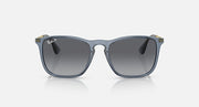 Front view dark gray lens sunglasses with blue-gray frame and metal side hinges