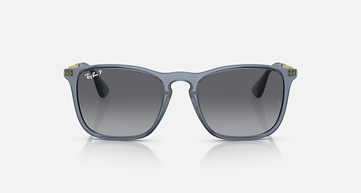 Front view dark gray lens sunglasses with blue-gray frame and metal side hinges
