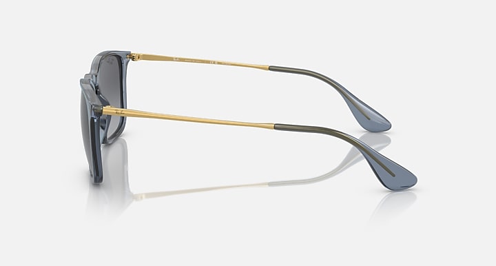 Side view dark gray lens sunglasses with blue frame and gold-tone temple details