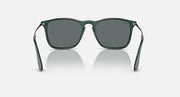 Square sunglasses with gray-green lenses and dark green frame with clear temple accents