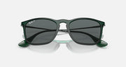 Front view sunglasses with dark lenses, dark green frame, and gold-tone bridge hardware