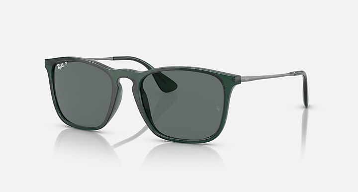 Dark green lens square sunglasses with dark green frame and gold-tone temple accents