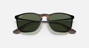 Close front view of green-lens sunglasses with dark Havana frame and low-profile bridge