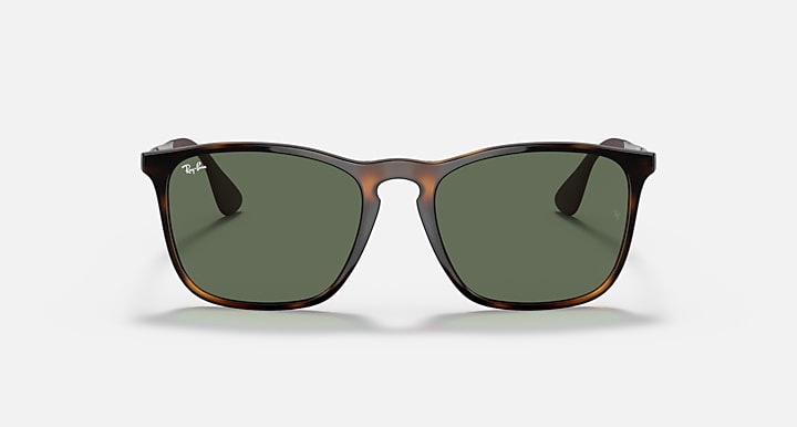Green-tinted sunglasses with dark Havana frame and symmetrical rectangular lenses