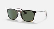 Green-tinted sunglasses with dark Havana frame, clear bridge, and curved temple tips