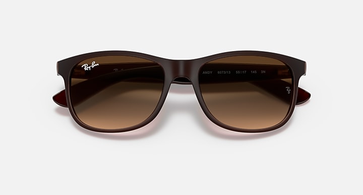 Ray-Ban Andy brown sunglasses angled lenses with Ray-Ban logo on arms