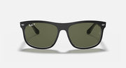 Black wayfarer sunglasses with green lenses and Ray-Ban logo on the temple.