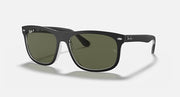Black full-rim square sunglasses with green tinted lenses and Ray-Ban logo.