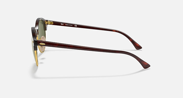Side view of round sunglasses with green lenses, tortoise frame, gold-tone hinges