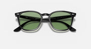 Ray-Ban sunglasses with dark frame and green mirrored lenses, cat-eye style