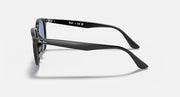 Black oversized round sunglasses, side profile with curved temples and blue lenses