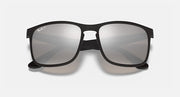 Sunglasses with black frame and gray mirrored rectangular lenses