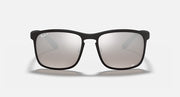 Black square sunglasses with reflective mirrored lenses and Ray-Ban logo