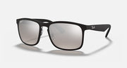 Black square sunglasses with tinted mirror lenses and Ray-Ban logo at temple