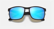 Black square sunglasses with bright blue mirrored lenses and Ray-Ban logo