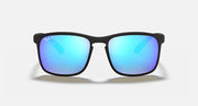 Black square sunglasses with vivid blue reflective lenses and Ray-Ban logo