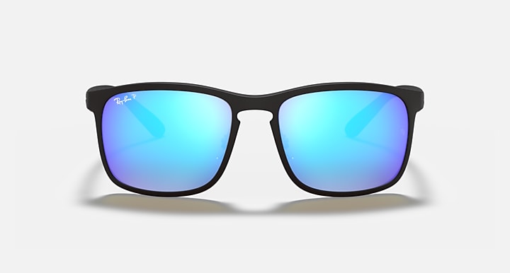 Black square sunglasses with vivid blue reflective lenses and Ray-Ban logo