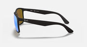 Black sunglasses side profile with blue mirrored lenses and Ray-Ban logo
