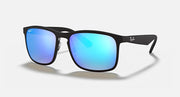 Black square sunglasses with blue mirror lenses and Ray-Ban logo at temple