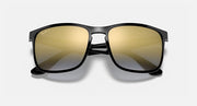 Ray-Ban square sunglasses, black frame with gold mirror lenses and polarized tint