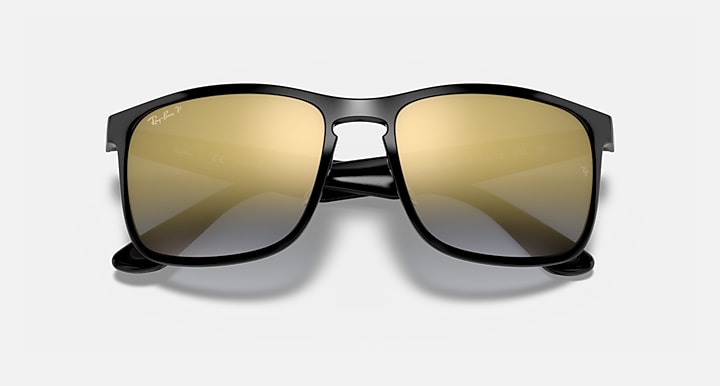 Ray-Ban square sunglasses, black frame with gold mirror lenses and polarized tint