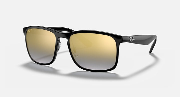 Ray-Ban square sunglasses with black frame and gold mirrored lenses, polarized tint