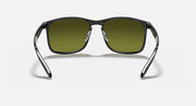 Sunglasses with black frame and green mirrored rectangular lenses