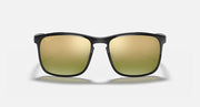 Black square sunglasses with warm gold mirrored lenses and Ray-Ban logo
