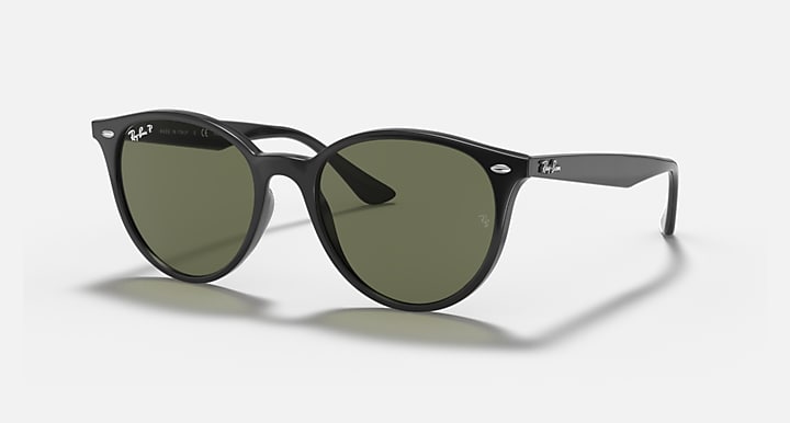 Ray-Ban RB4305F sunglasses, black frame with dark green lenses and round shape