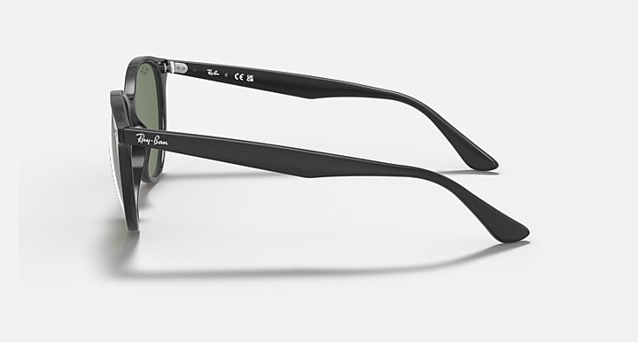 Black RB4305 sunglasses side profile with green-tinted lenses and curved arms