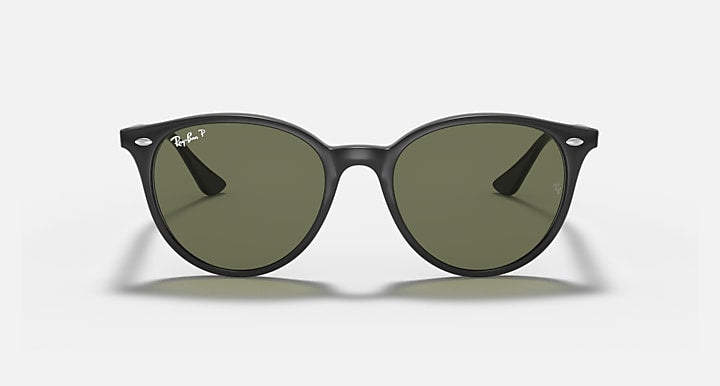 Ray-Ban RB4305 round sunglasses with black frames and dark green lenses