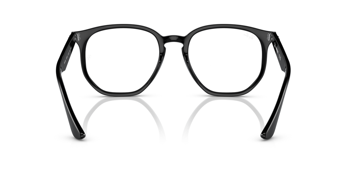 Ray-Ban hexagonal sunglasses with black frame and clear lenses, top-down view