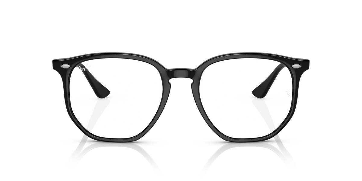 Ray-Ban hexagonal sunglasses with black frame and clear lenses, front view