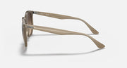 Tan sunglasses frame viewed from the side with dark-tinted lens and temples