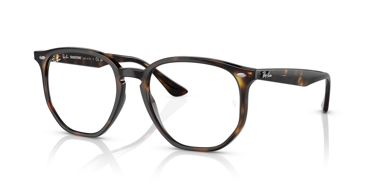 Ray-Ban hexagonal sunglasses with light brown tortoise frame and clear lenses, front view