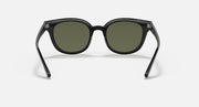Front of round sunglasses with dark frames and green-tinted lenses