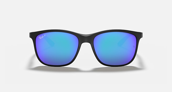 Ray-Ban Chromance sunglasses, front view with black frame and blue mirrored lenses