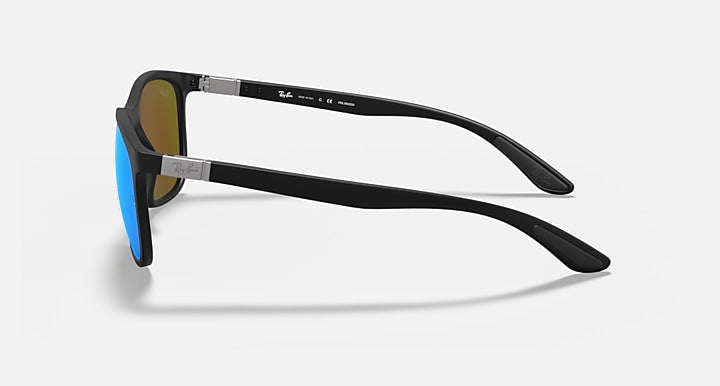 Ray-Ban Chromance sunglasses side view with black frame and blue lens