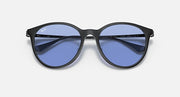 Black round sunglasses with blue lenses, front view and temple branding