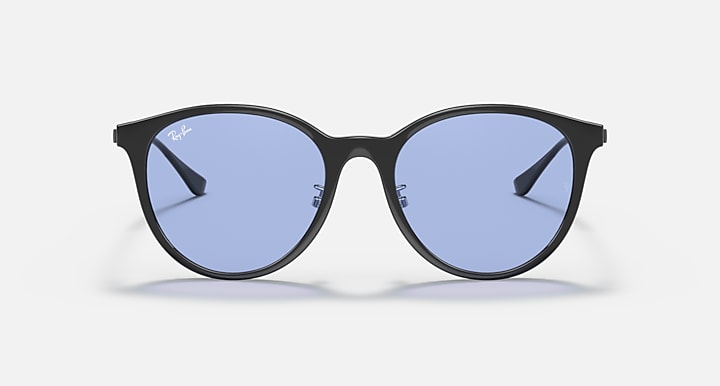 Black round sunglasses with blue tinted lenses, straight-on view