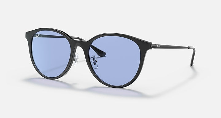 Black round sunglasses with blue lenses and metal arms, front view