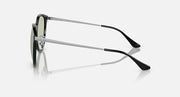 Sunglasses side profile with dark frame and green-tinted lens, silver metal temples