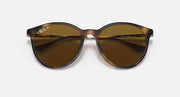 Light Havana round sunglasses with brown lenses, front view and temple branding