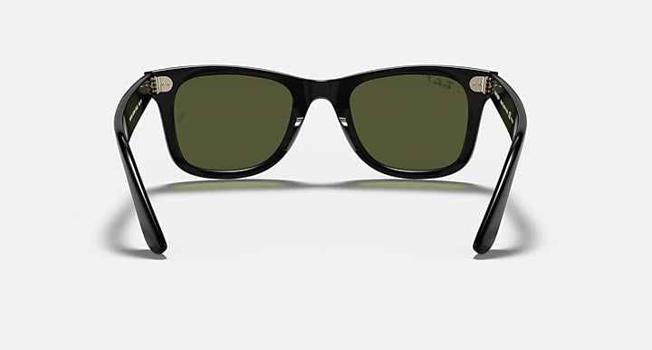 Ray-Ban Wayfarer sunglasses, black frame with dark green lenses, front view