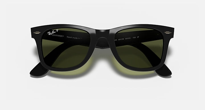 Ray-Ban Wayfarer sunglasses, black frame with dark green lenses, front view